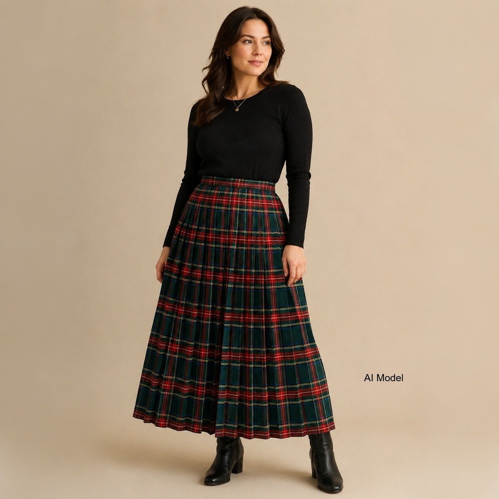 Vintage Aljean of Canada Wool Plaid Kilt Maxi Skirt 10 12 14 Green Red Tartan *